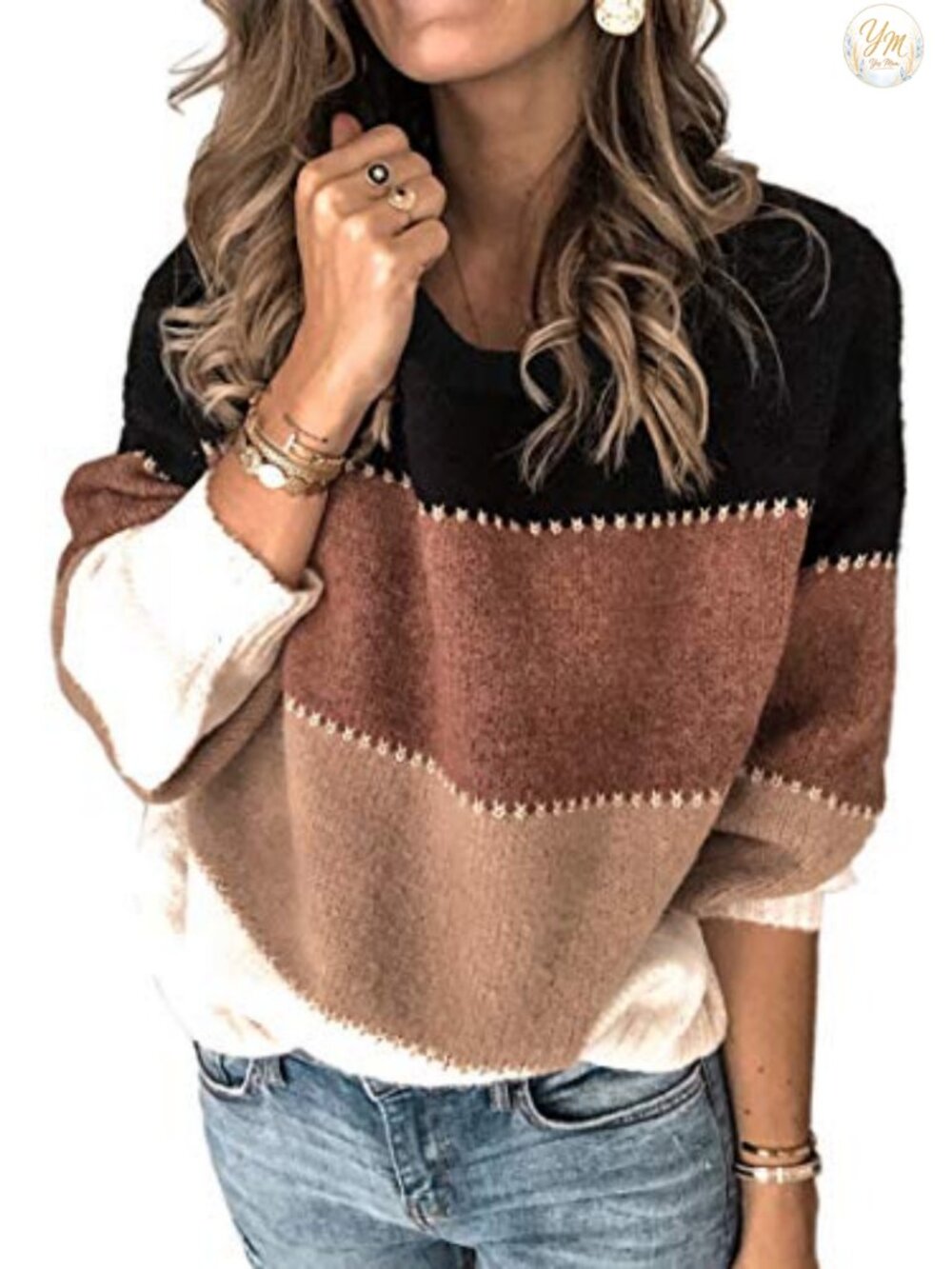 Womens Color Block Patchwork Knit Pullover Sweater Long Sleeve Crew Neck Fall